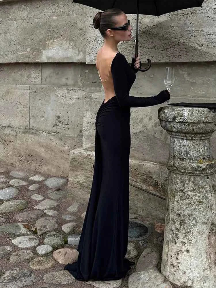 Sisterlinda Classic Bead Backless Dress Women Sexy Slash Neck Full Sleeve Simple Fashion Stretch Banquet Party Elegant Vestidos