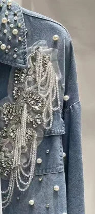 New In 2025 Autumn Trend Crystal tassel Stitch Denim Shirts and Blouses Women's Loose Casual Denim Top  Jacket Woman Clothes