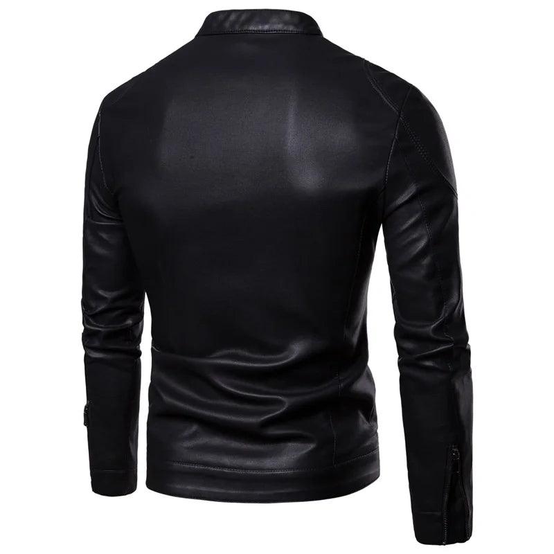 Jaqueta de couro masculina com gola alta fina, jaqueta de couro pu para primavera e outono, casaco casual de motocicleta, casaco de couro para motociclista masculino