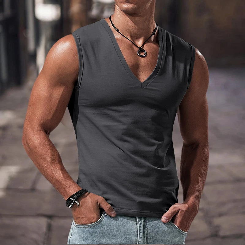 Colete masculino de verão, cor sólida, com decote em V, casual, respirável, sem mangas, adequado para fitness e esportes