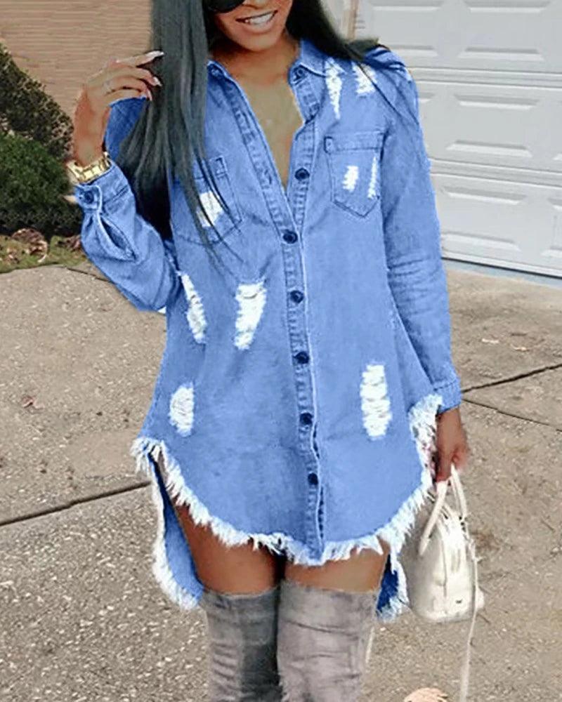 New Vintage Women Denim Mini Asymmetrical Dress Sexy Turn Down Neck Long Sleeve Ribbbed Tassel Shirt Dress Blue Jean Robe 2023 - CRAVO ROSE