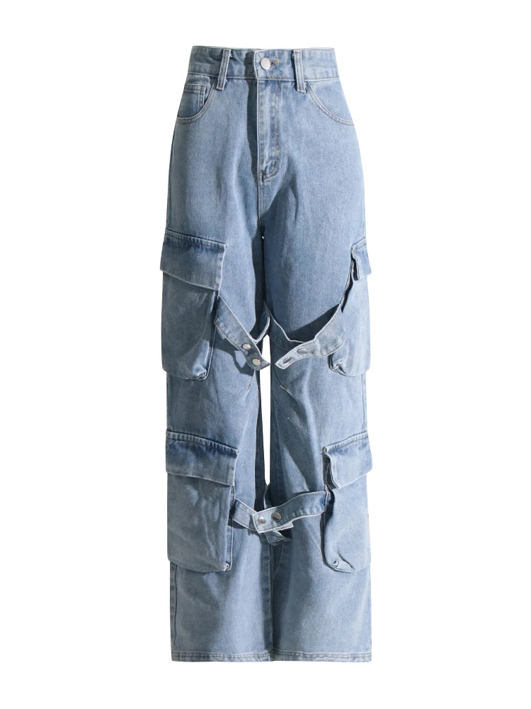 TWOTWINSTYLE Calça jeans feminina folgada com bolsos e patchwork, casual, lisa, cintura alta, botão emendado, streetwear, cargo, jeans feminino