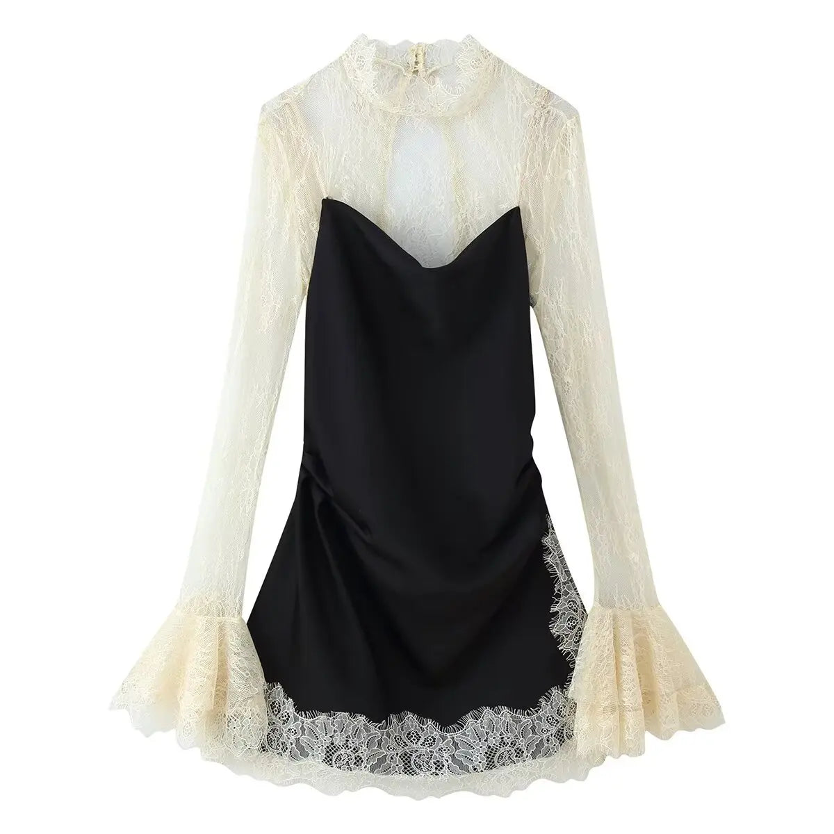 HH 2026 Women Lace Patchwork Mini Dress Vintage Contrast Slim Long Sleeve Dresses Y2k Summer Fashion High Street Lady Chic Dress