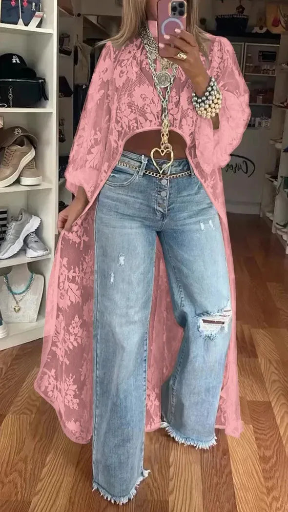 Blusa feminina nova moda 2025 com renda floral e gola alta, manga bufante, frente vazada, curta e longa