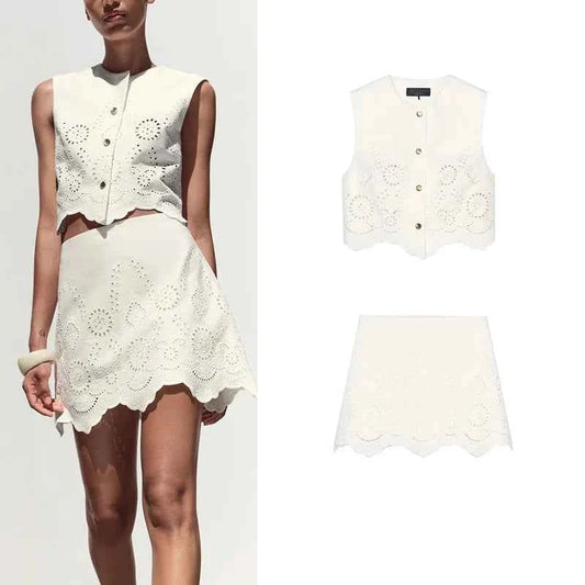 Embroidered Hollow out Vest Top 3356868 High Waist Skirt Pants 3357868 Faionable Two-Piece Set round Ne Button Closure ...