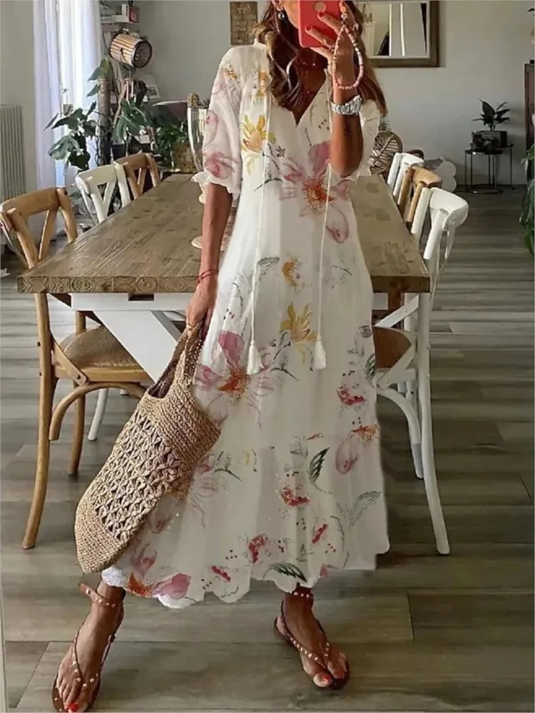 Women's 2024 Spring Summer New Casual Sweet Loose Sexy V-neck Fashion Printed Hanging Beard Middle Sleeve Long Dress For Women
