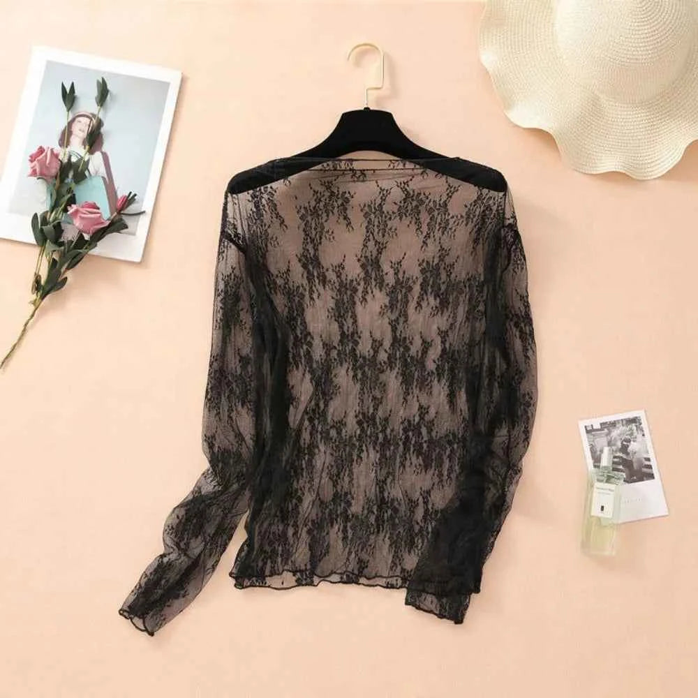 New Half High Collar Lace Shirt Transparent Perspective Long Sleeve Women Clothing Hollow Bottom Shirt Ladies