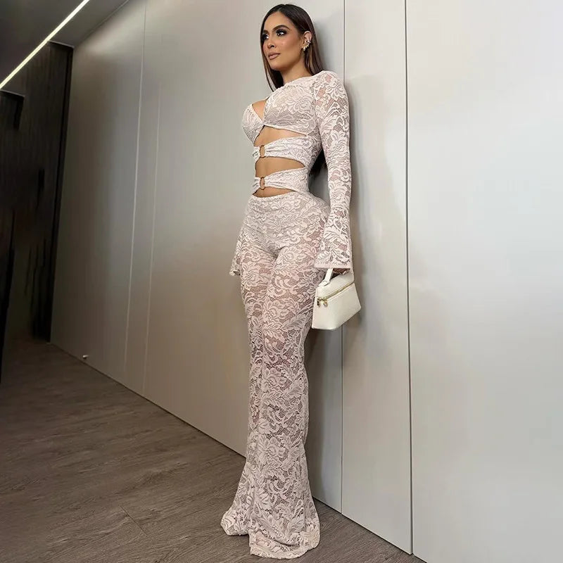 Sexy Hollow out Micro Flared Jumpsuit Long Pants  Lace Shirt Thickened Winter Collection for Elderly Women