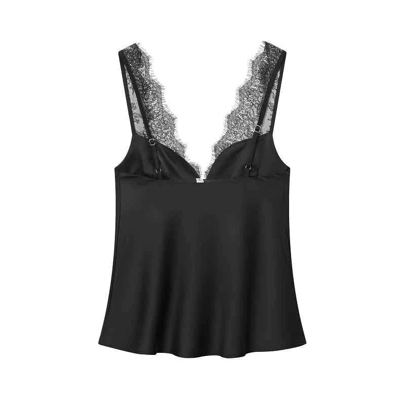 MUJER Women's Tops Sexy Lace Corset Top Woman Black Satin Backless Tops for Women off Shoulder Camisole Night Sleeveless Tops