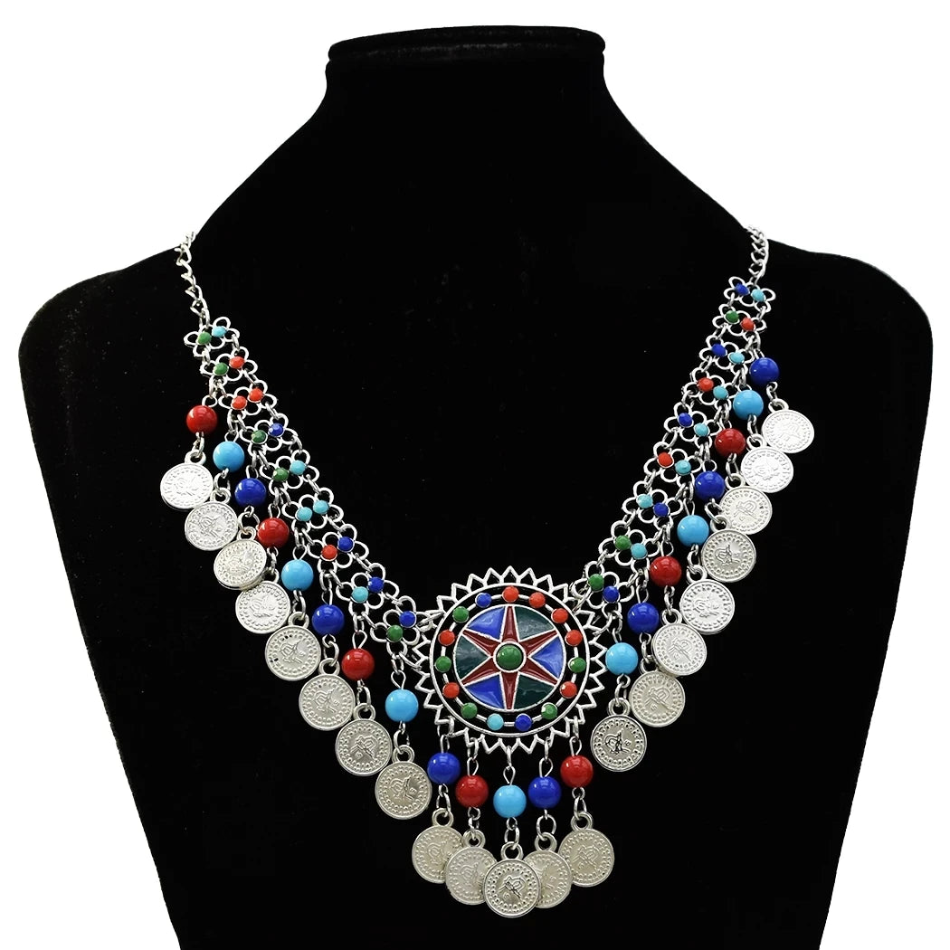 Gypsy Boehmian Hippie Collar Necklaces for Women Big Chunky Tibetan Silver Metal Necklace Festival Turkish Party Jewelry Gift