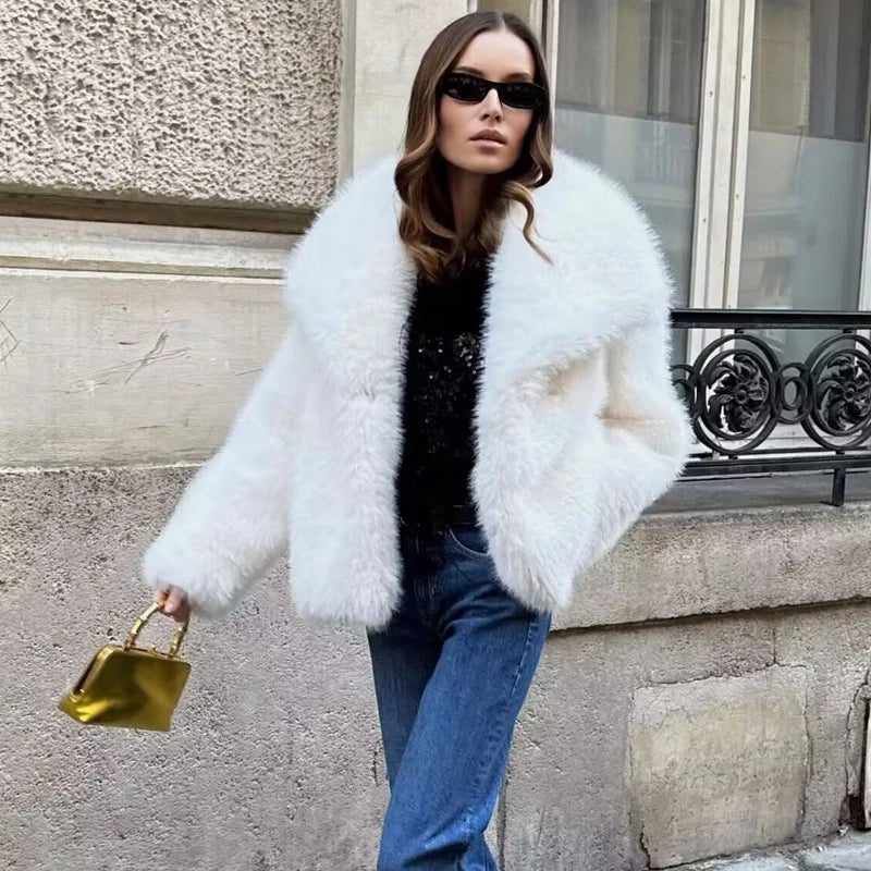 HXAO White Faux Fur Coat 2024 Woman New in coats Autumn Winter Fur Plush Fluffy Jacket Warm Red Gray Black Outerwears