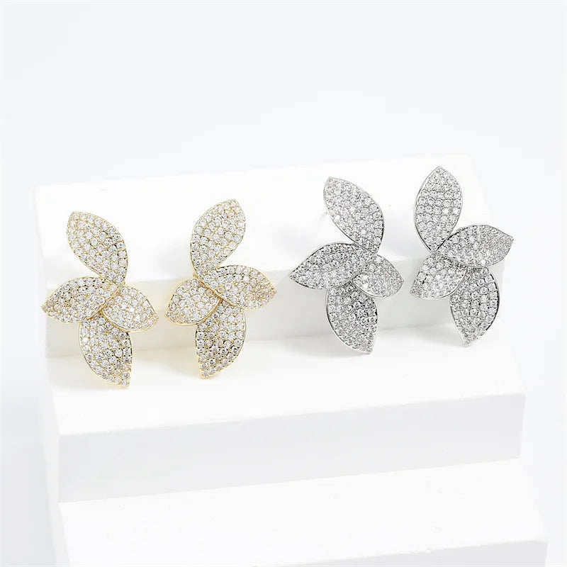 RAKOL Exquisite Full Zircon Leaf Stud Earrings for Women Korean Luxury Jewelry Elegant Flower Earring Bridal Wedding Party