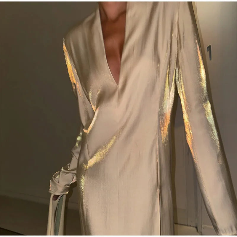 Fashion Solid Shiny Laser Color Splicing Long Dress Chic V Neck Full Sleeves Split Maxi Dresses Spring Women New Party Vestidos