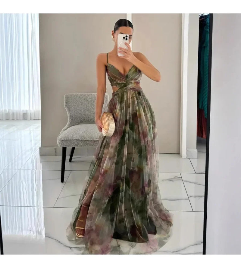 Spring and summer new mesh printed camisole dress INS holiday casual party dress skirt robe argent  dress for women