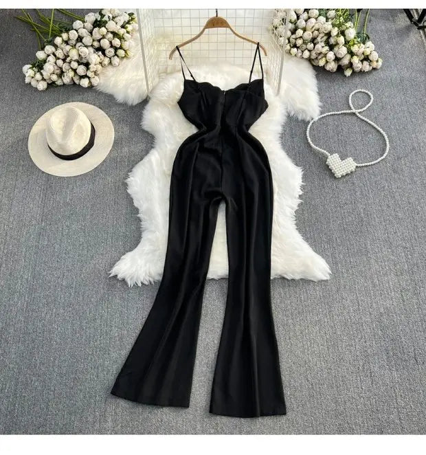 Elegant V-Neck Strap Dress Casual High Waist Slimming One-Piece Wide Leg Pants Long Loose Fitting Women's Online Exclusive