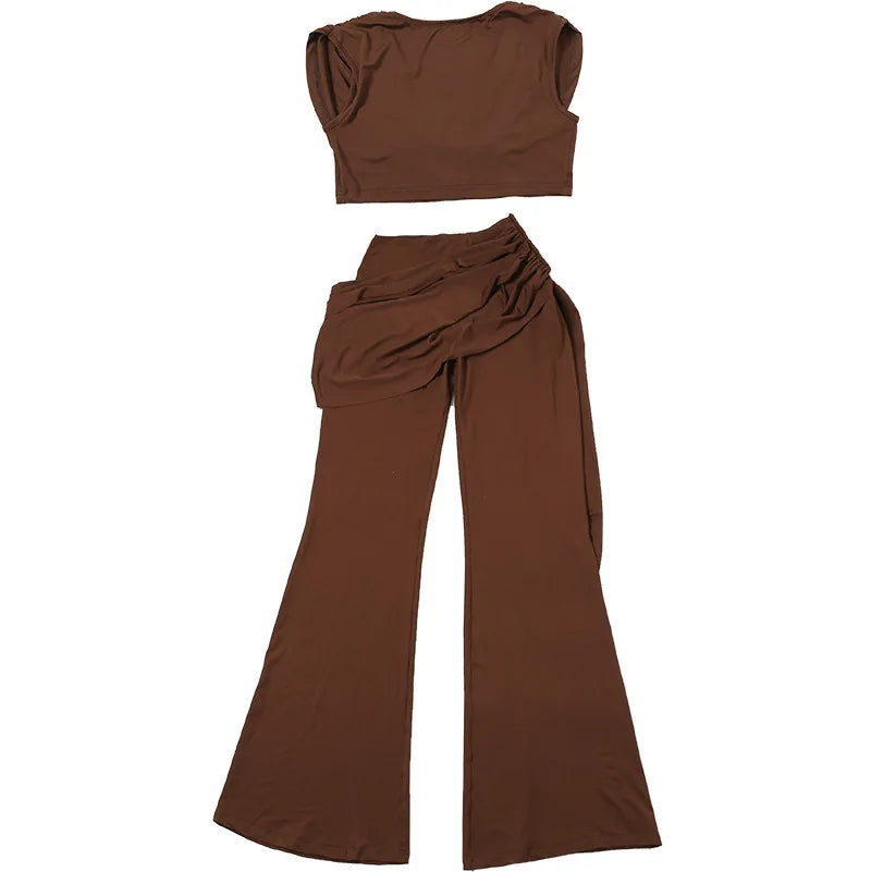 Conjunto de Calças Plissadas Decote em V Umbigo Exposto Sem Mangas Top Curto Slim Fit Calças Abraçando o Quadril