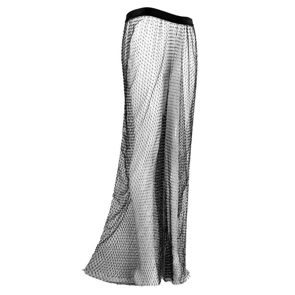 Sparkle Diamante Fishnet Wide Leg Trousers Crystal Mesh Flare Pants High Waisted Rhinestone Split Hem Leggings