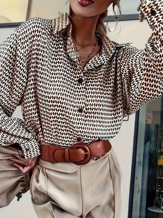 Ladies' Casual, Fashionable, Comfortable Printed Single Row Button-Up Lapel Long-Sleeved Shirt