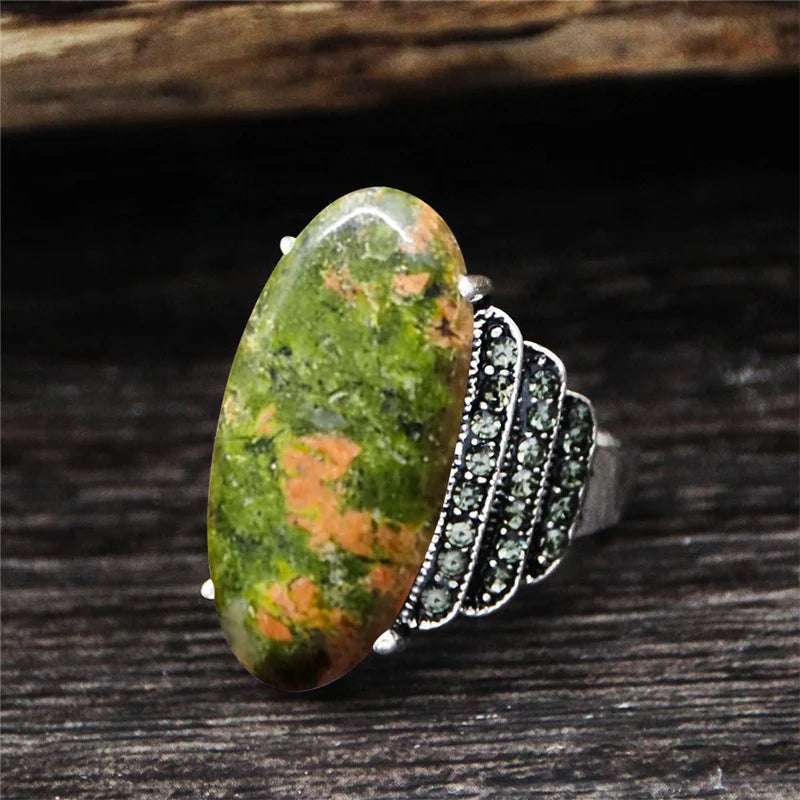 Vintage Natural Eye Shape Quartz Lapis Lazuli Rings For Women Real Antique Silver Plated Natural Stone Unakite Rhinestone Ring