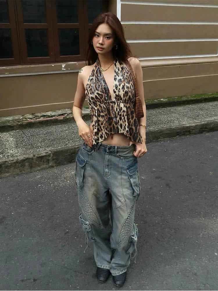 Weird Puss Leopard Sequins Women Vest Y2K Backless Halter V-Neck Lace-Up Sleeveless Street Skinny Wild Summer Trend Tank Tops