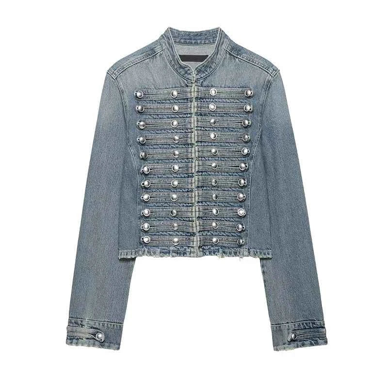 YENKYE Women's Cropped Denim Jacket Front Button Frayed Hem Stand Collar Streetwear Coat