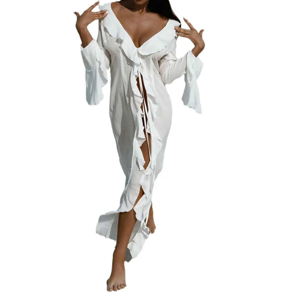 Vestido feminino com babados irregulares, decote em V chique, manga comprida, renda, vestido de praia para mulheres, saída de férias