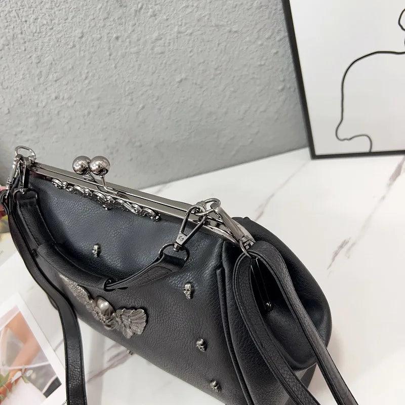 Jierotyx Punk Style Purses and Handbag for Women Gothic Skull Head Crossbody Bags Trendy Cool Clip Purse Vintage Rivet - CRAVO ROSE