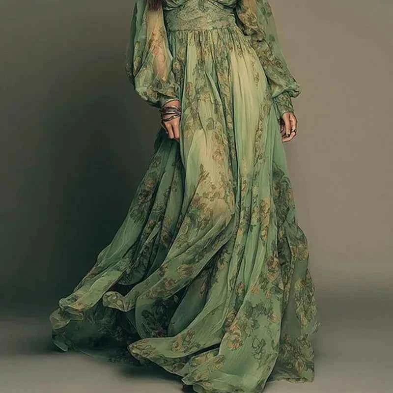Elegant Green Floral Print Chiffon Maxi Dress Spring Sexy Deep V Neck High Waist Long Dress New Summer Bohemian Beach Maxi Dress