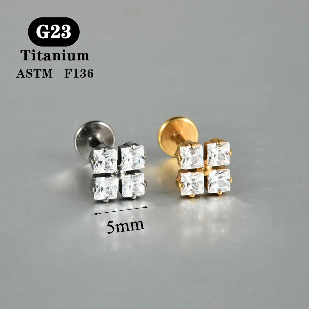 1PC ASTM F136 Titanium Zircon Flat Back Earring Flower Ear Studs Lobe Helix Tragus Cartilage Piercing Jewelry 16G