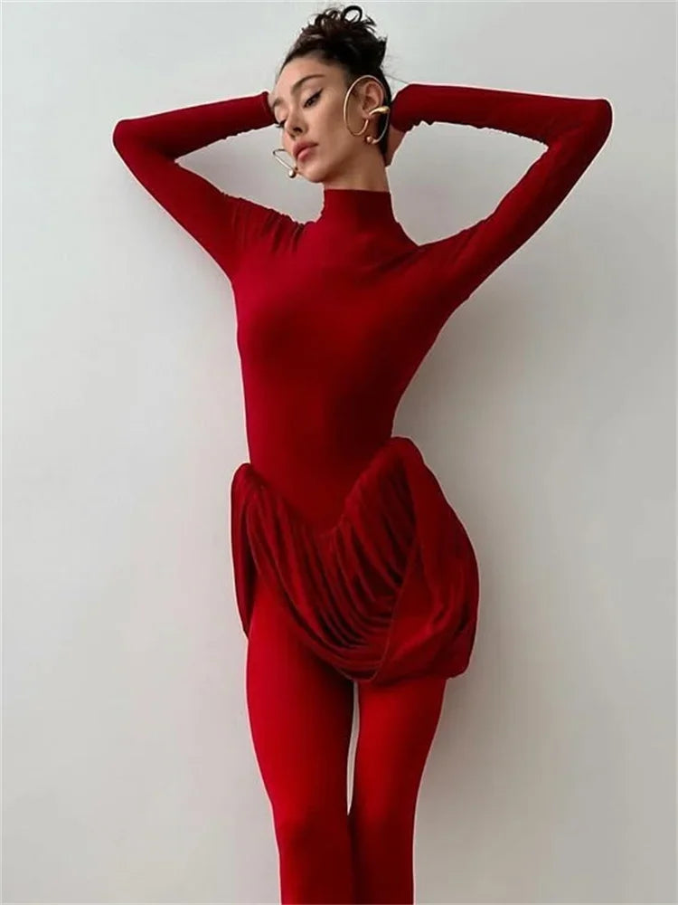 Tuularose Red Hollow Dress Women High Waist Sexy Backless Long Sleeve Gathered Dress Summer Patchwork Retro Party Evening Dress