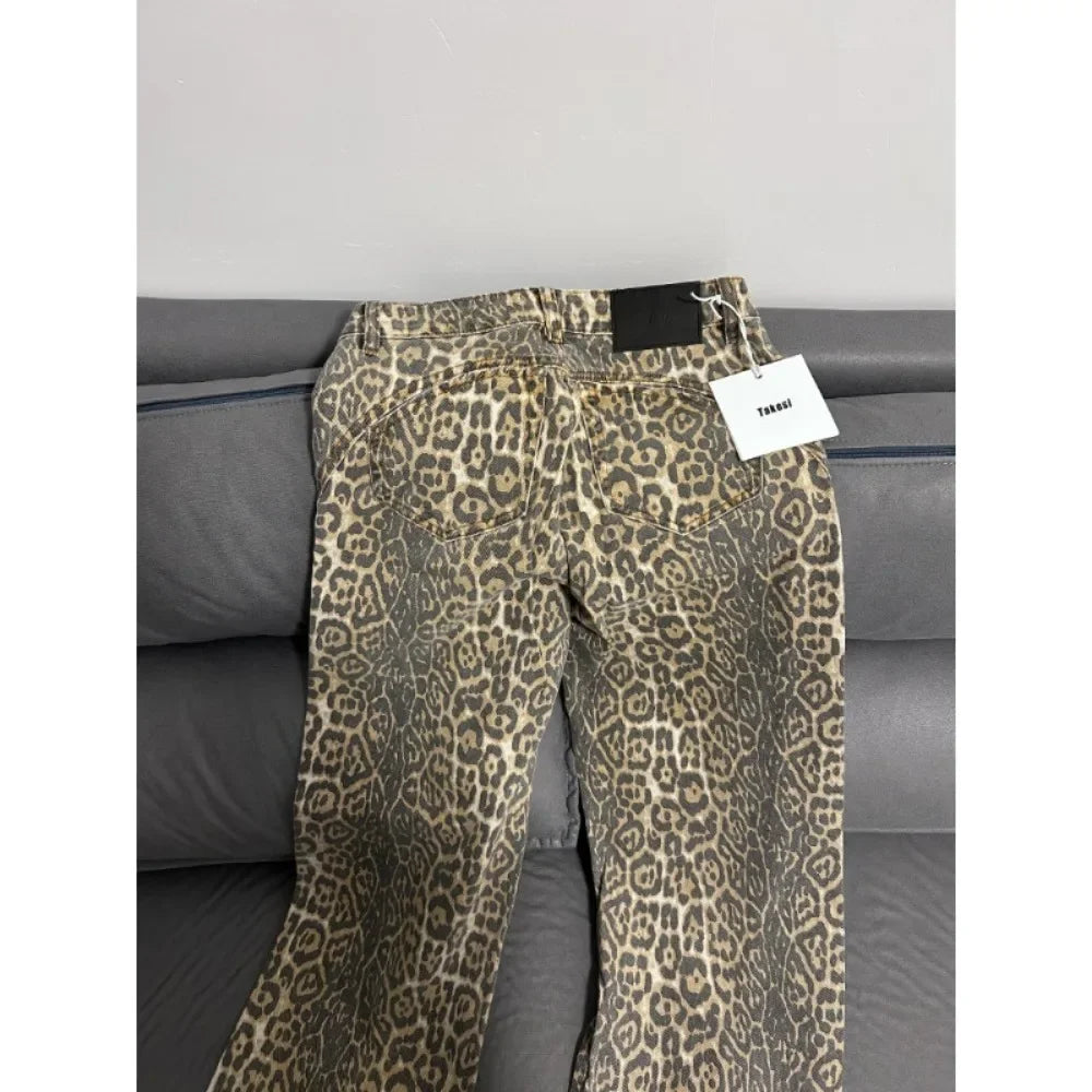 Calça jeans feminina americana retrô com estampa de leopardo, cintura alta, larga, casual, com bolsos, hip-hop, primavera/verão 2000, calça jeans pantera grande