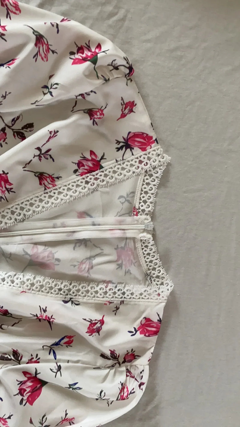 Vestido curto feminino com estampa floral, cintura alta, linha A, manga comprida, decote em V, vintage, casuais