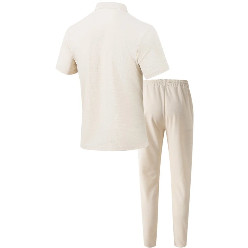 Conjunto de duas peças masculino, camisa casual leve, cor sólida, bolso com botão, tendência waffle, manga curta, calça, verão 2025