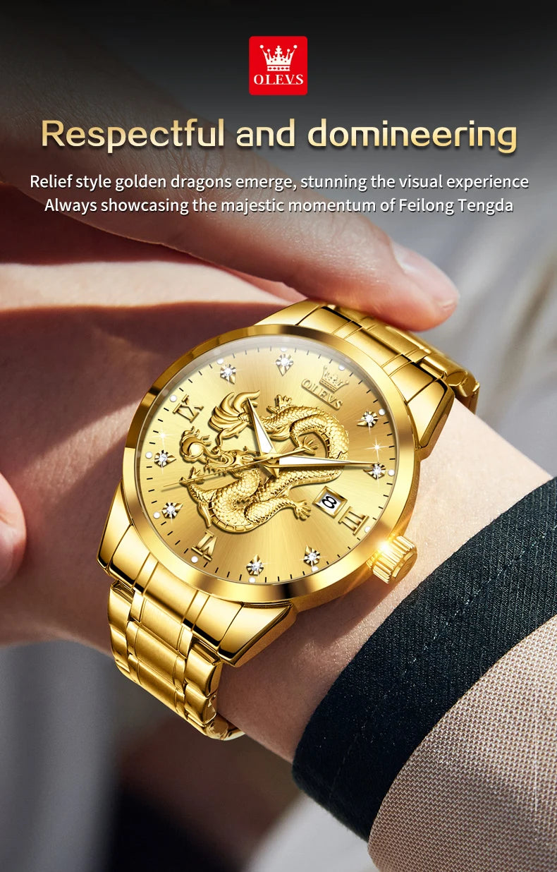 OLEVS Men's Watches Top Brand Fashion Original Quartz Watch for Man China Loong Dragon Dial Waterproof Luminous Date Olevs 3619