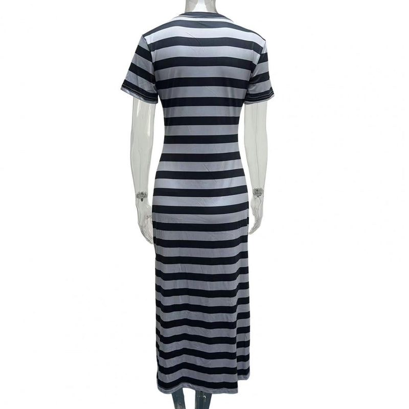Vestidos Plus Size Vestidos Para Mulheres Casual Listra Estampa Decote Em V Manga Curta Solto Vestido Longo Robe Femme