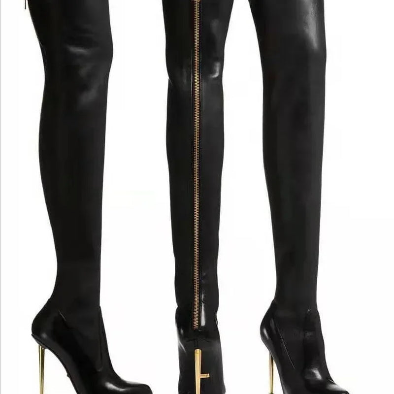Botas femininas pretas da moda, cor sólida, salto alto fino, zíper traseiro de metal, botas acima do joelho