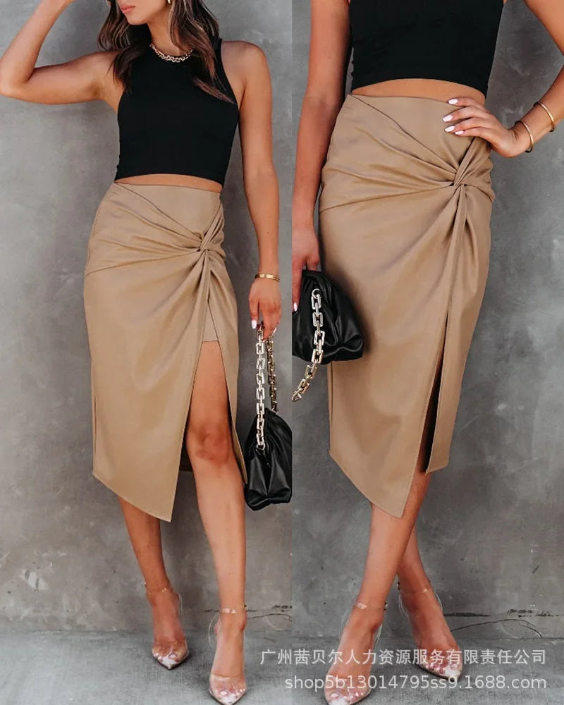 Fashion Womens Skirts 2023 Black Twist Asymmetric PU Half Skirt for Women