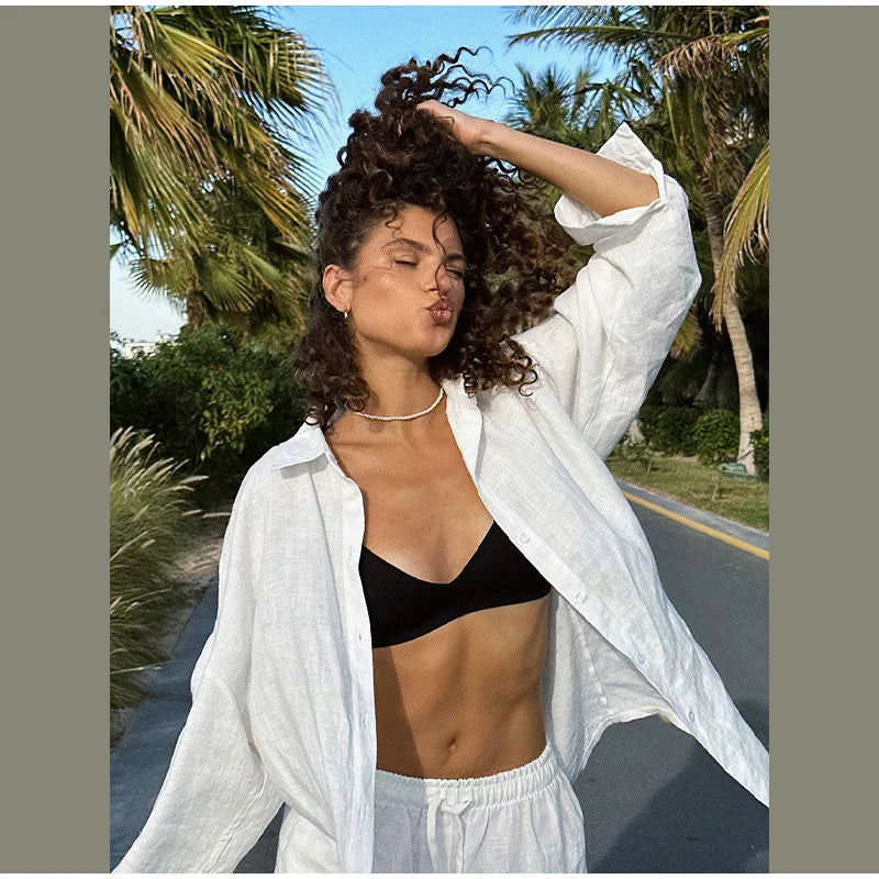 Conjunto casual de calças retas e soltas, moda primavera e outono, manga comprida, camisa de botão único, roupa chique