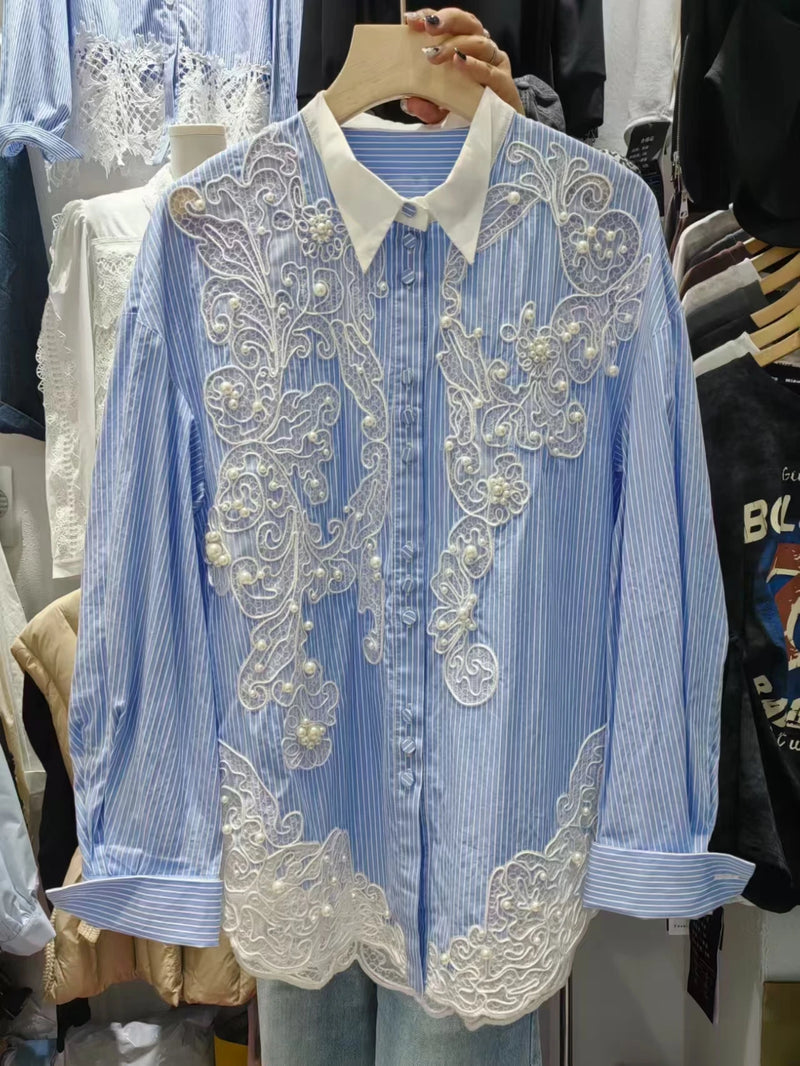 Blusas e camisas bordadas com renda e miçangas, blusas e camisas femininas soltas de comprimento médio e casuais