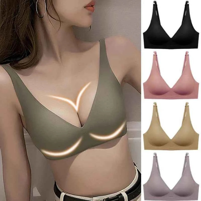 Seamless Women Underwear Sexy V-neck No Steel Ring Small Chest Gathered Adjustable Support  Small Comfortable Thin Top Bra