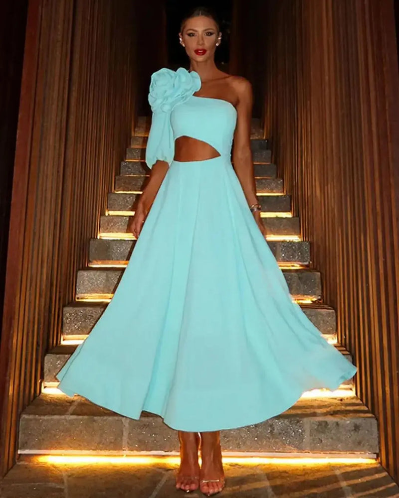 Women's Maxi Dress Appliques With Flower Sloping Shoulder Single Sleeve Waist Large Dress Women's Evening Wedding Midi Dress
