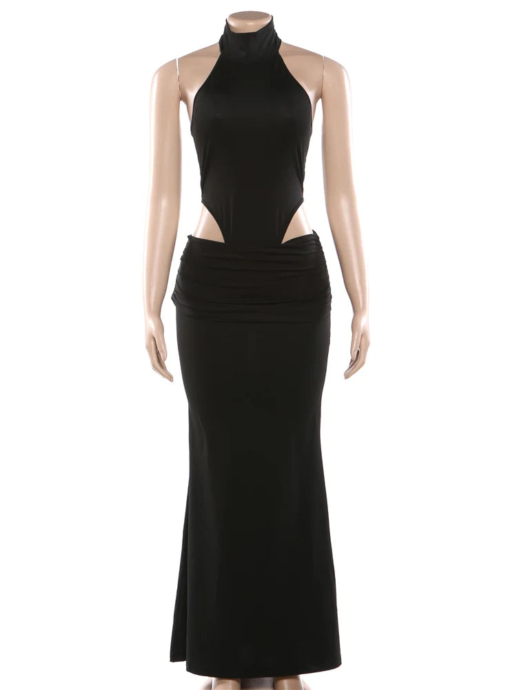 Kliou Sexy Hipster 2 Piece Set Woman Halter Turtleneck Backless Skinny Bodysuits+Elastic Waist Long Skirt High Street Style Suit