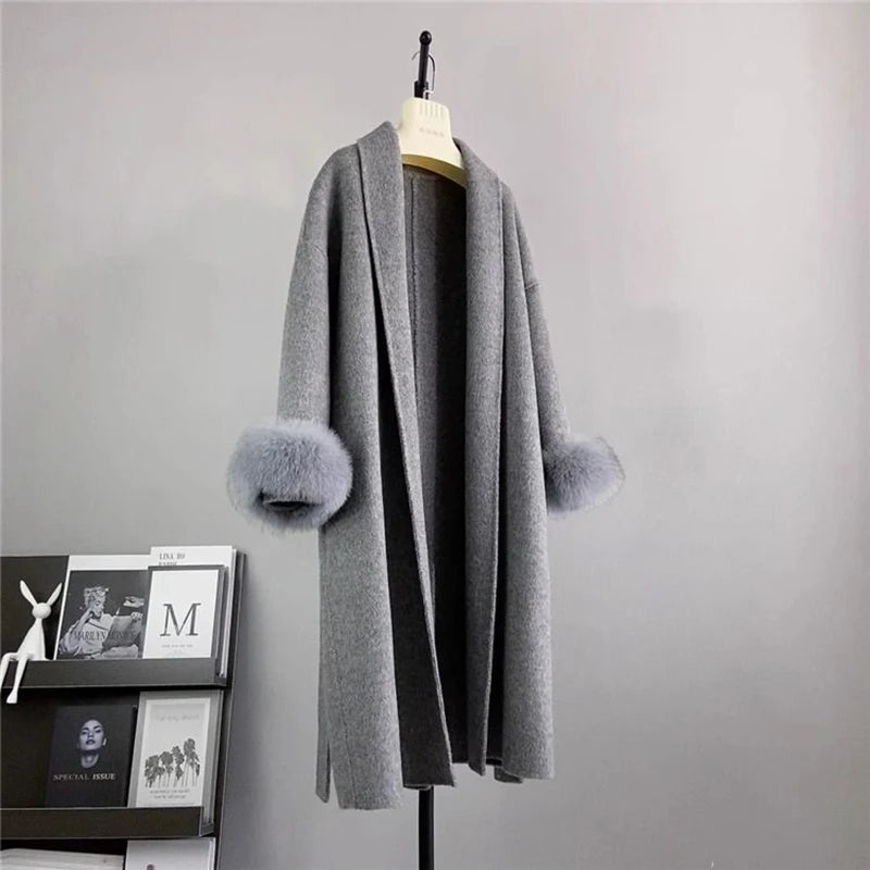 Casaco de mistura de lã de inverno com punhos de pele de raposa sintética, estilo hepburn, lã dupla face, sobretudo de caxemira, casaco da moda