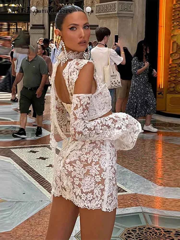 Lace Mini Skirt Set Women Hollow Out Cold Shoulder Crop Top Side Split Skirts Suit Female Summer Holiday Sexy Sets Lady Beach