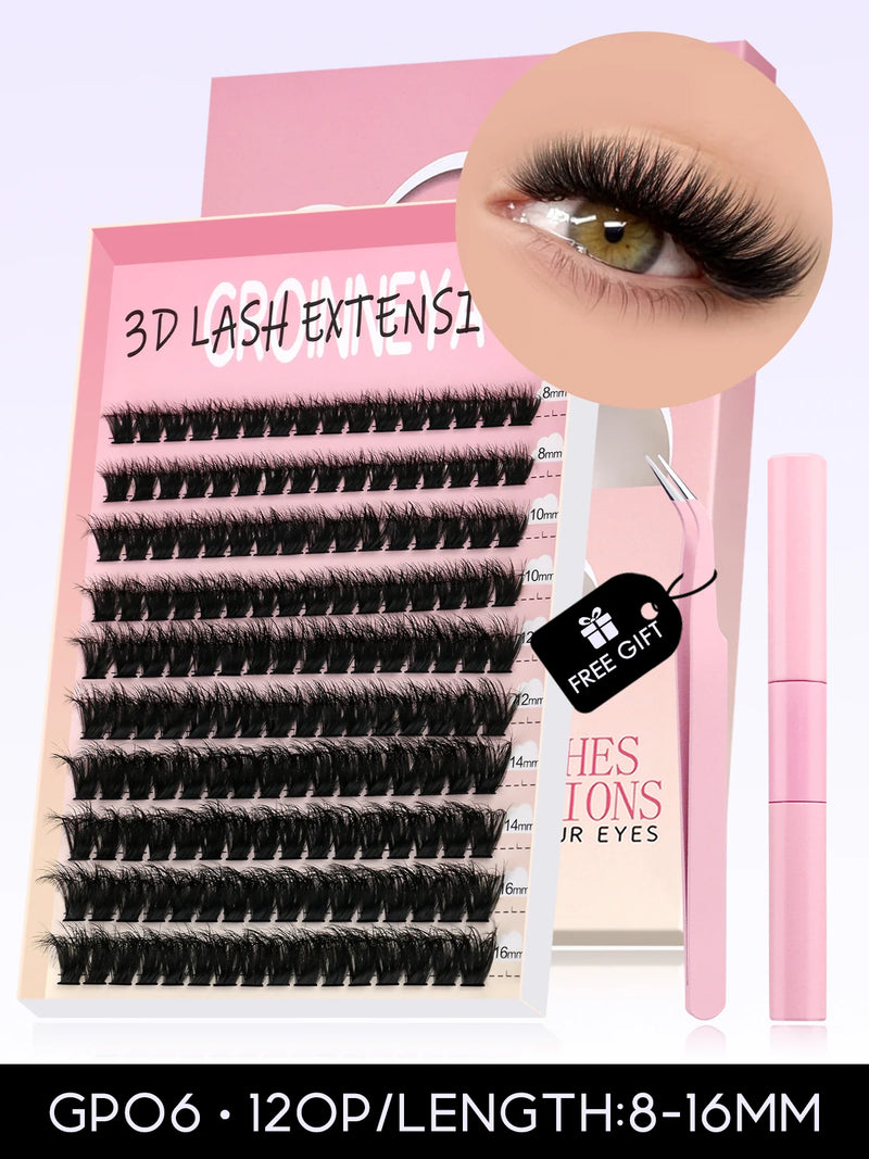 Kit de cílios postiços GROINNEYA faça você mesmo, cílios de manga de 10 a 18 mm, bandeja mista, conjuntos de cílios individuais, kit com cílios postiços faça você mesmo