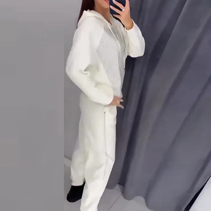 Fashion Diamonds Patchwork Women's Suits Sport Drawstring Hooded Sweatshirt and Long Pants Sets 2025 Vestidos Leisure Sportswear
