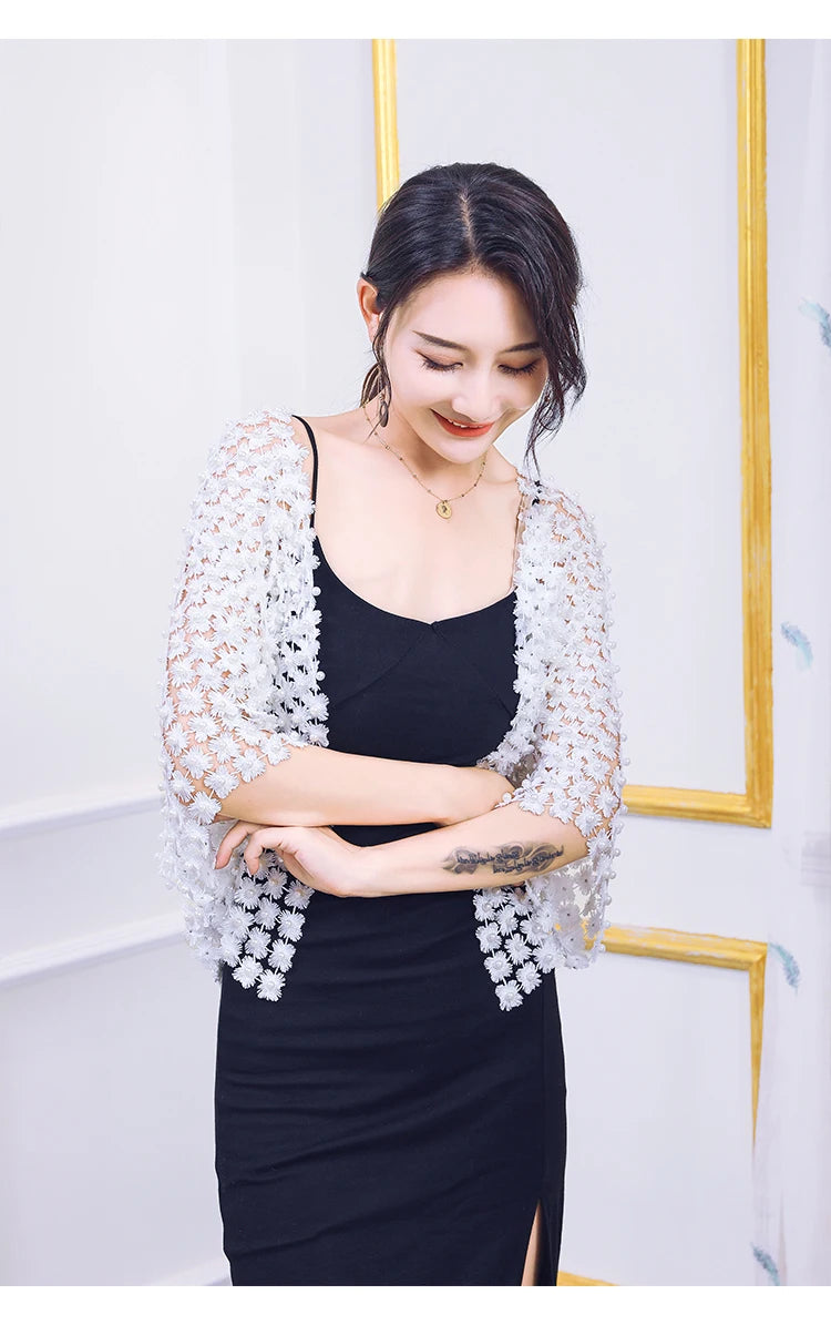Women Beads Coat 2025 Summer Style Women Perspective Shawl Fashion Hollow Out Lace Boleros Short Sleeve Coats Jackets Femal