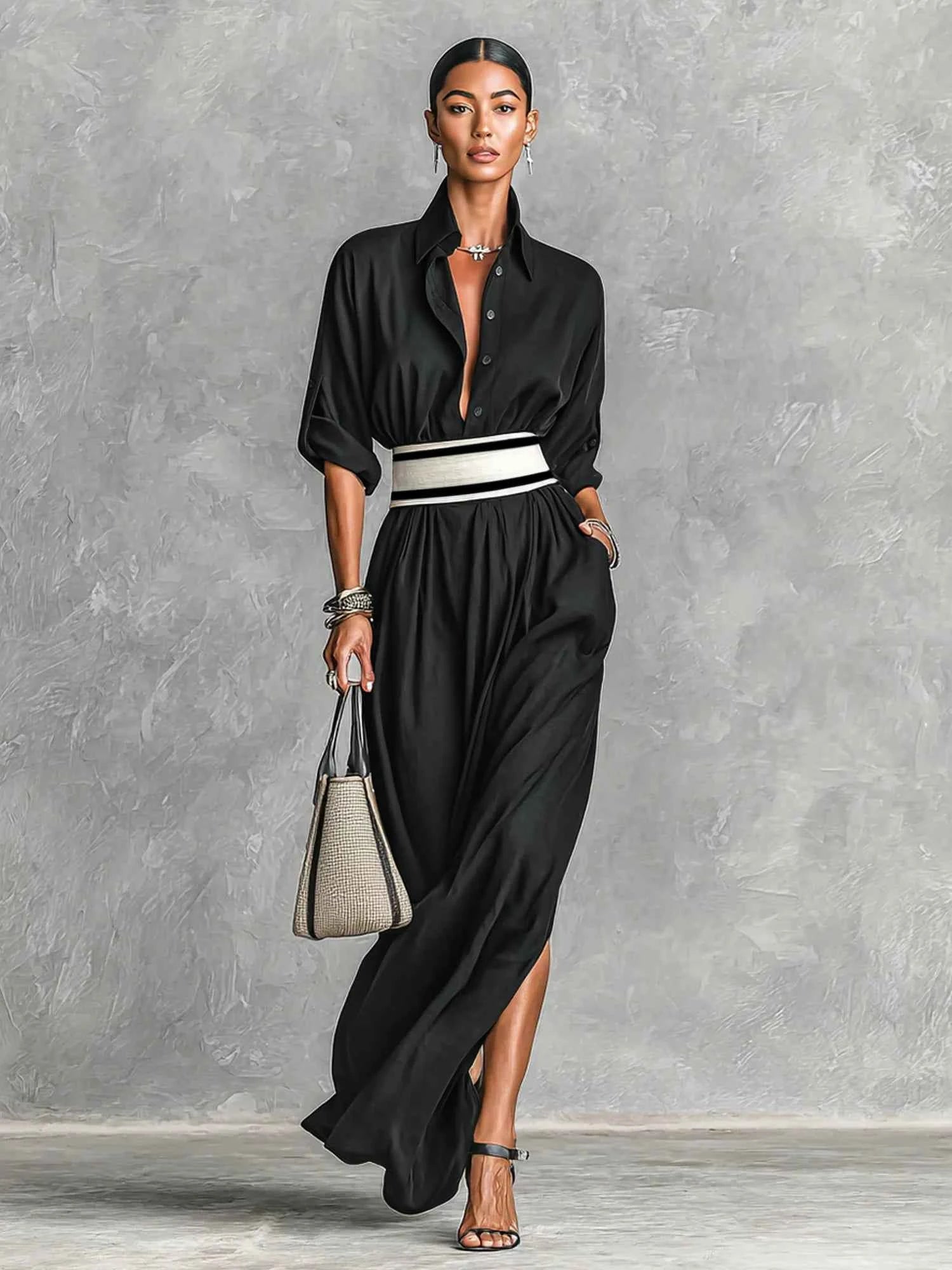 Women's Shirt Maxi Dress with Wide Striped Belt | Roll-Up Sleeve High Slit Elegant Casual Formal Outfit