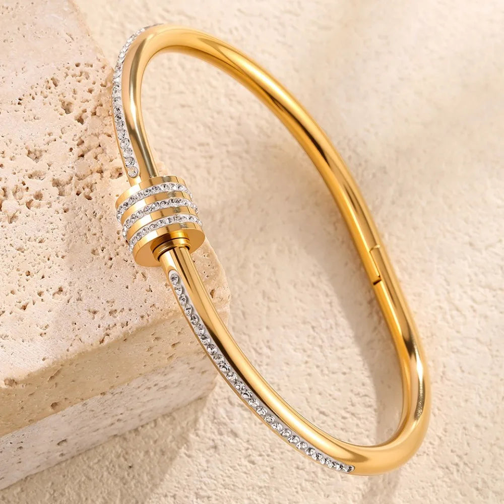Fashion Zircon Inlaid Stacked Stainless Steel Bracelet Set Dazzling Women's Valentine's Day Gift Set