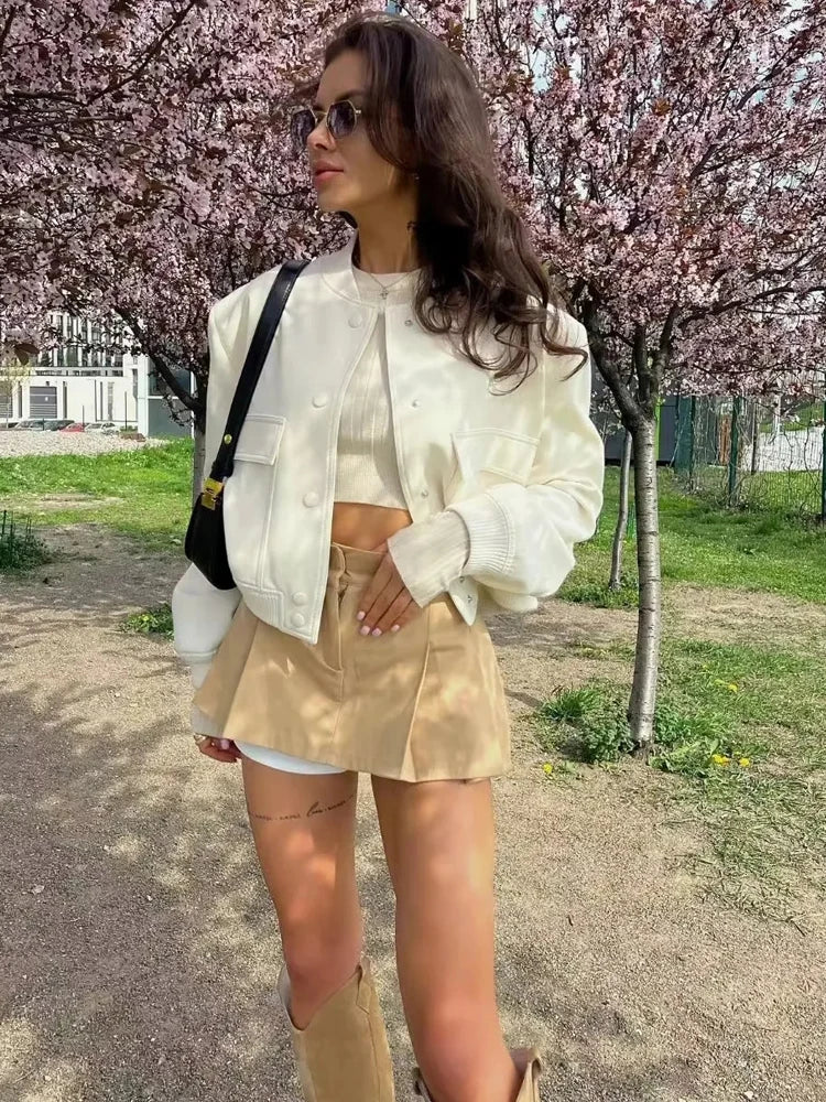 MUJER 2025 Woman Bomber Jacket White Autumn Winter Button Cropped Jackets for Women Fashion Long Sleeve Women Coats Outerwears